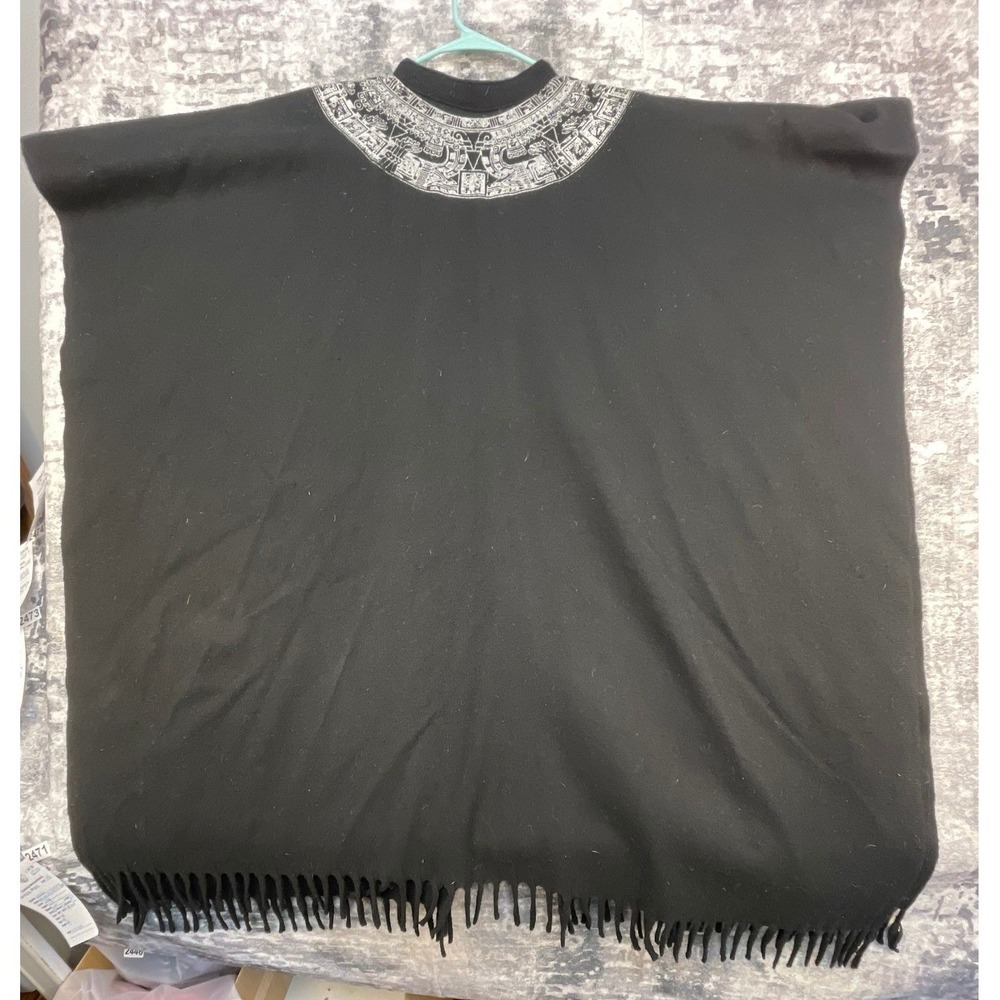 Molina Wool Poncho Cape Black Aztec Mayan Calendar Embroidery Fringe Mexico